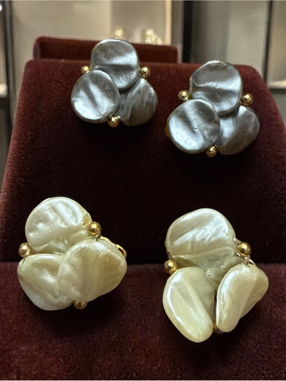 Faux Pearl Floral Cluster Clip On Earrings Set 2 Pairs Silver Cream Gold